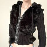 Dark Style Fashion Furry Sunken Stripe Stitching Hooded Coat For Women