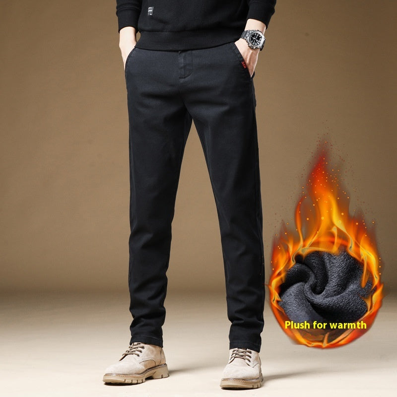 Men's black fleece-lined casual pants with slim-straight fit and zip fly