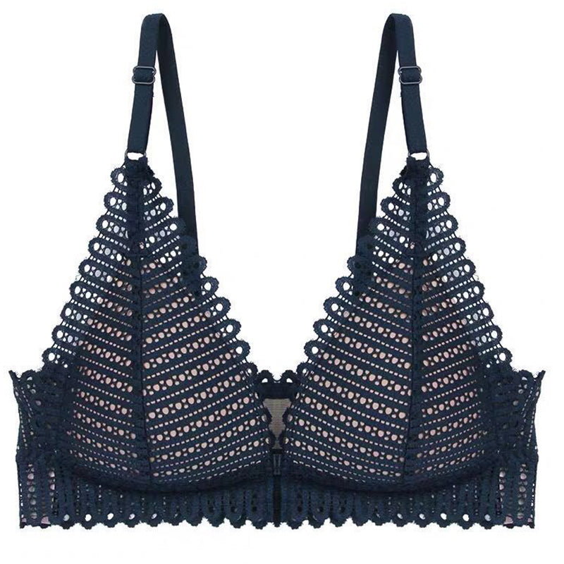 Dark blue thin-cup lace bra with scalloped edges and adjustable shoulder straps