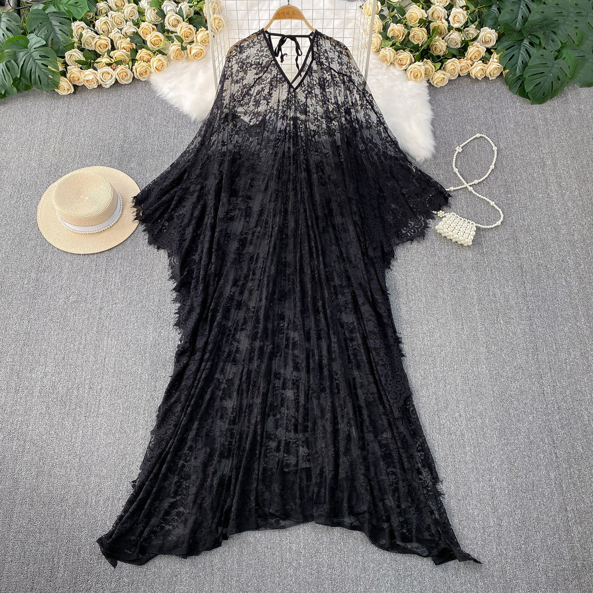 Black lace V-neck flare sleeve dress with pleated ruffle skirt