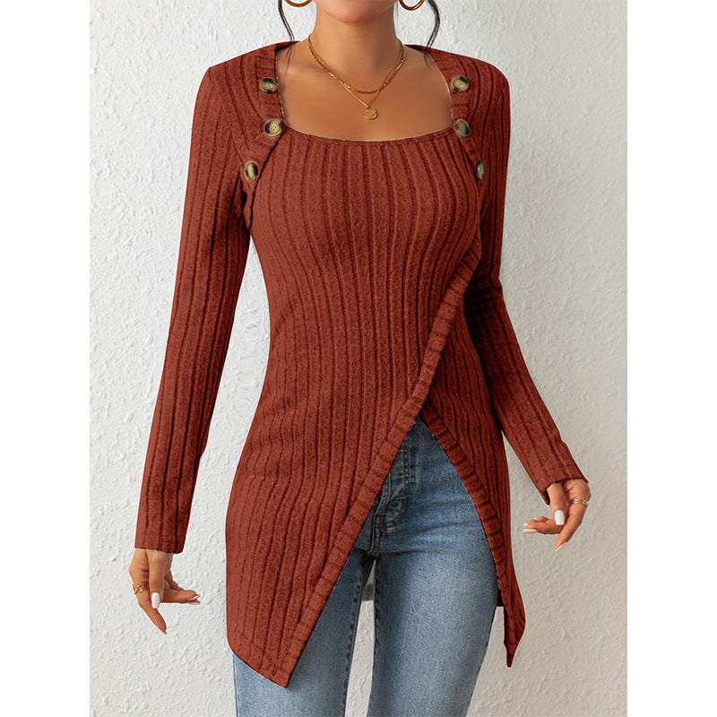 Woman Square-neck Off-shoulder Slit Sweater - WOMONA.COM