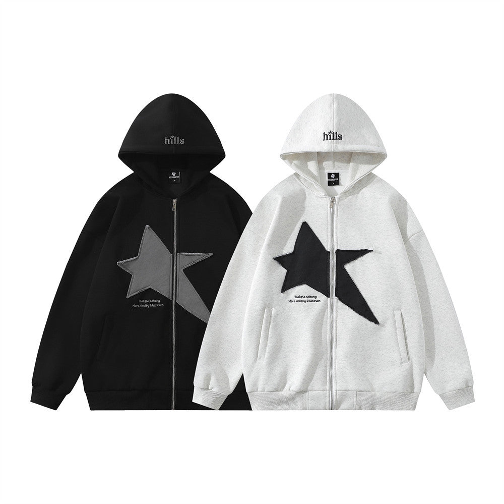 Men's light gray star embroidered hooded cardigan