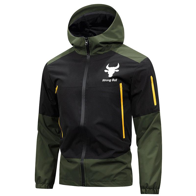 Men's windproof hood jacket, black and army green color-block design with yellow zip pockets
