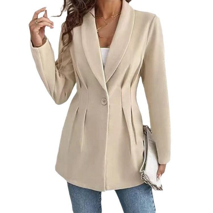 Beige fitted coat with notched lapels, button closure, and side seam shaping