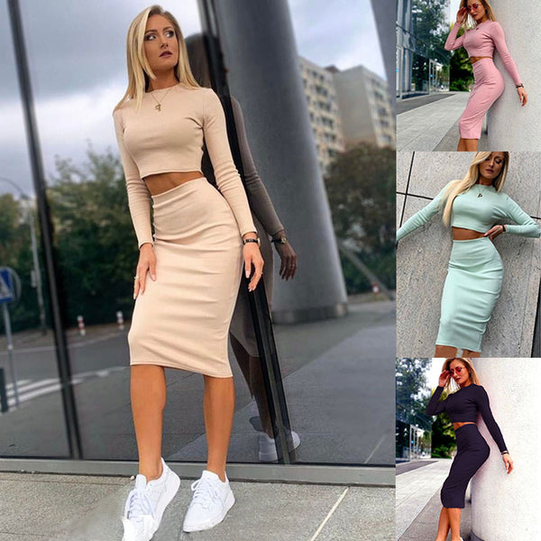 Women's Fashionable Solid Color Top And Hip Skirt Two-piece Set - WOMONA.COM