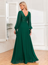 Double V-neck Sequin Chiffon Patchwork A- Line Large Swing Evening Dress - WOMONA.COM