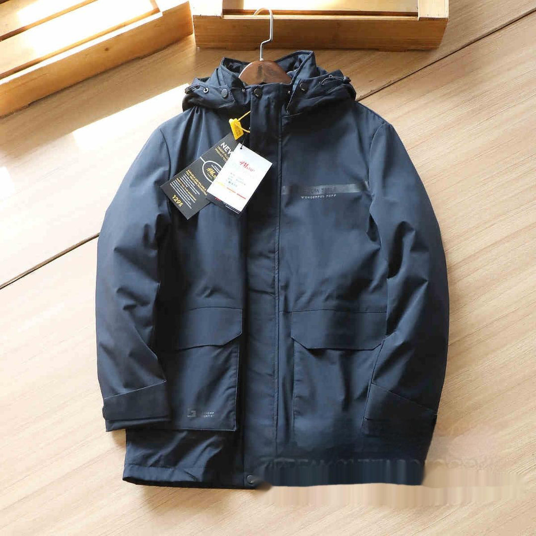 Men's mid-length down jacket, navy blue, zip front, hood, two flap pockets