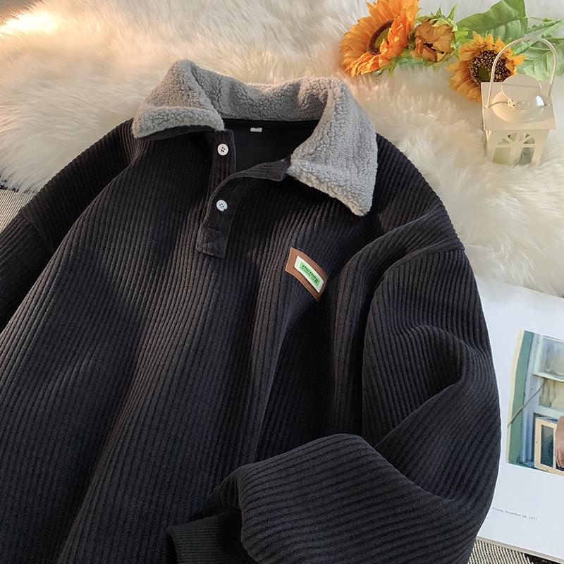Men's fleece-lined corduroy polo sweater, dark black with sherpa-style collar and cuffs