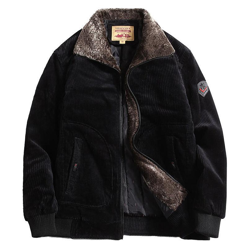 Men's black corduroy coat with sherpa-lined collar, zip front, and side pockets