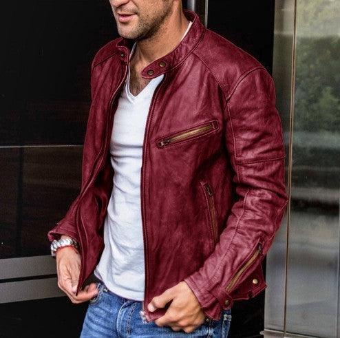 Fall Winter Men PU Leather Stand Collar Punk - WOMONA.COM