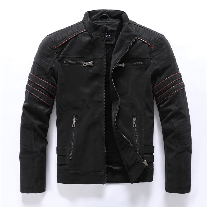Men's vintage washed velvet-lined PU jacket