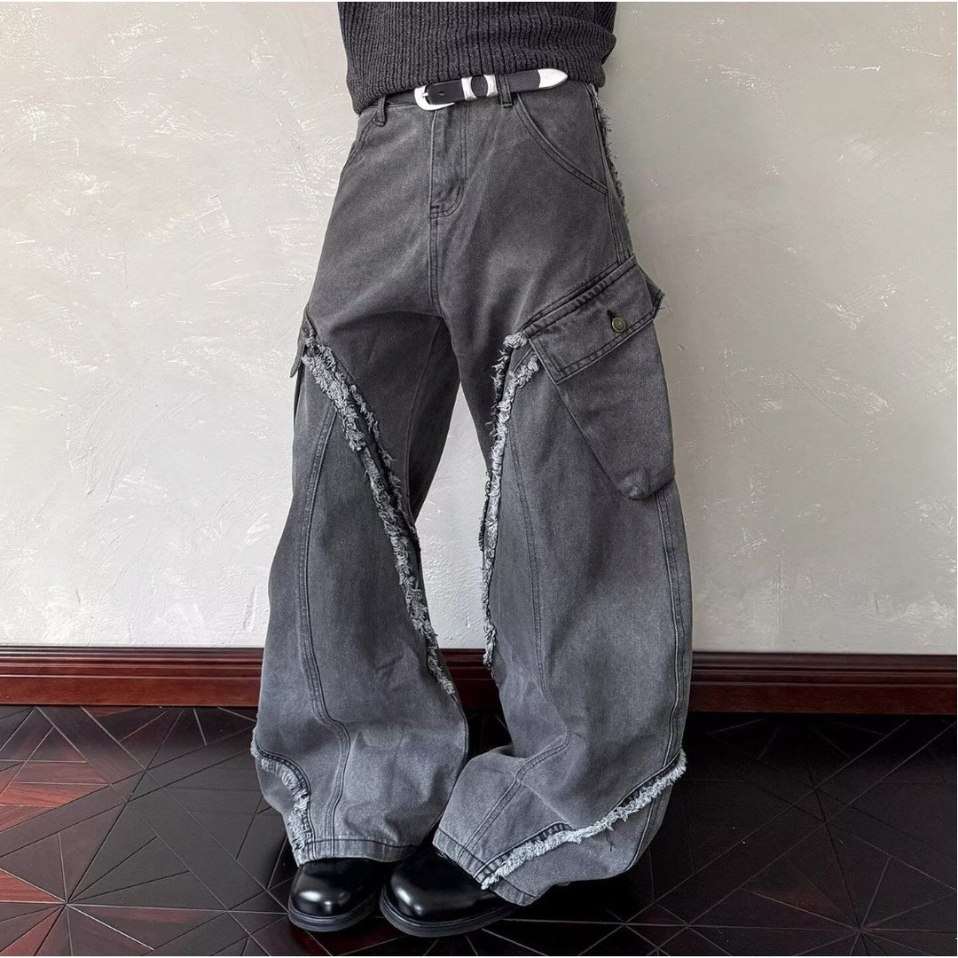 Washed Distressed Patchwork Loose Wide-Leg Pants For Men