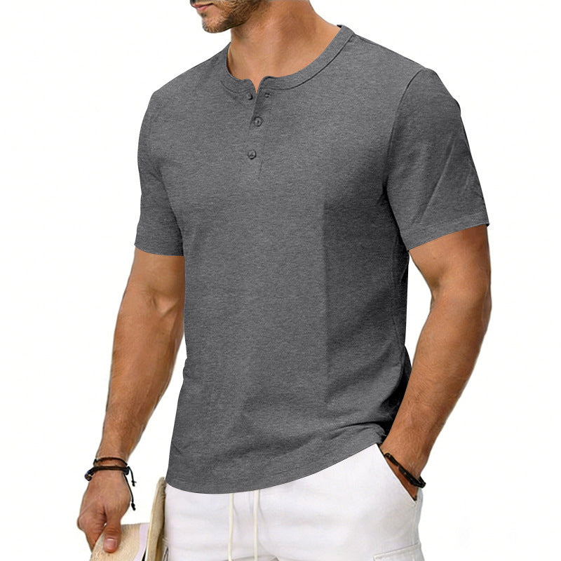 Men's short-sleeve henley T-shirt in dark gray with button placket and crew neckline