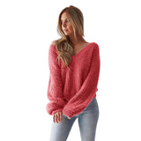 Long-sleeved V-neck strappy casual loose sweater - WOMONA.COM