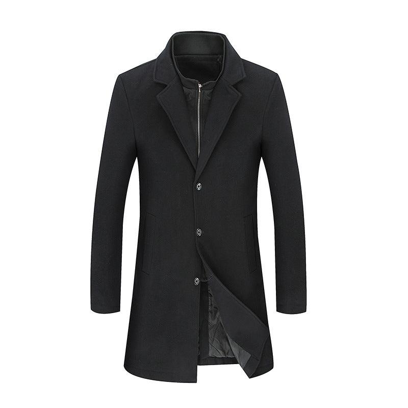 Men's wool overcoat in black, notched lapels and button-front with layered side panel