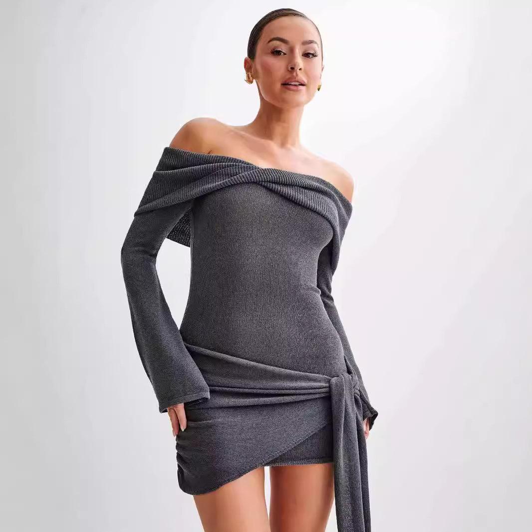 Knitted Off-shoulder Irregular Lace-up Dress Sweater - WOMONA.COM