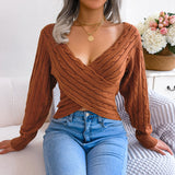 Cross V-neck Twist Long Sleeves Cropped Sweaters - WOMONA.COM