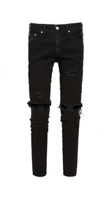 Pure Black Stretch Jeans With Holes For Men - WOMONA.COM
