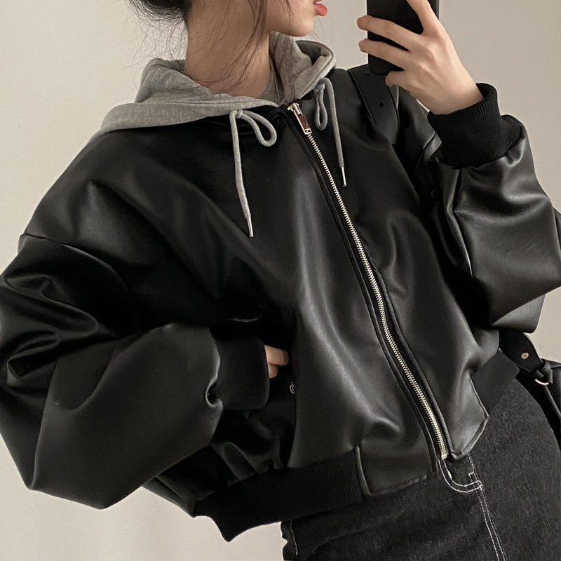 Fake Two-piece Short Leather Jacket Coat - WOMONA.COM