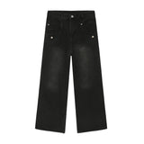 Straight Wide Leg Black Denim Fashionable Trousers - WOMONA.COM