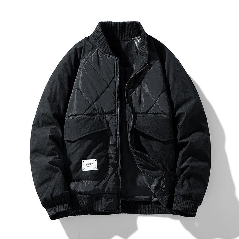 Black padded baseball jacket with quilted front panels, full-zip closure, ribbed cuffs