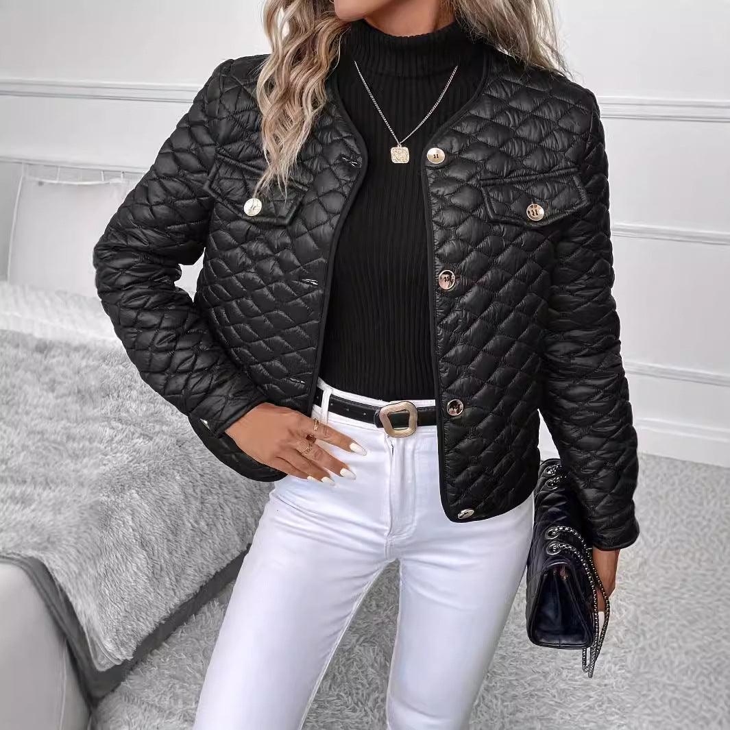 Women's black quilted cotton-padded coat with snap pockets and snap-front closure