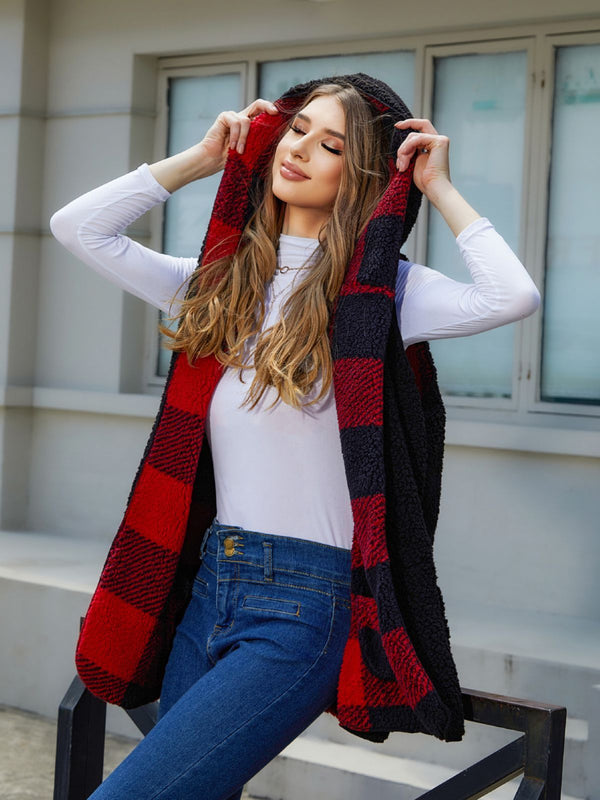 Cardigan Plaid Plush Vest Coat For Women - WOMONA.COM