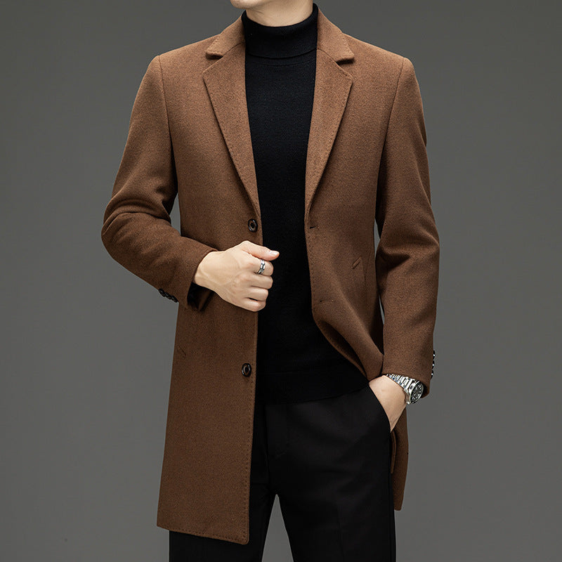 Men's camel wool trench coat with notched lapels, button front, and chest pockets