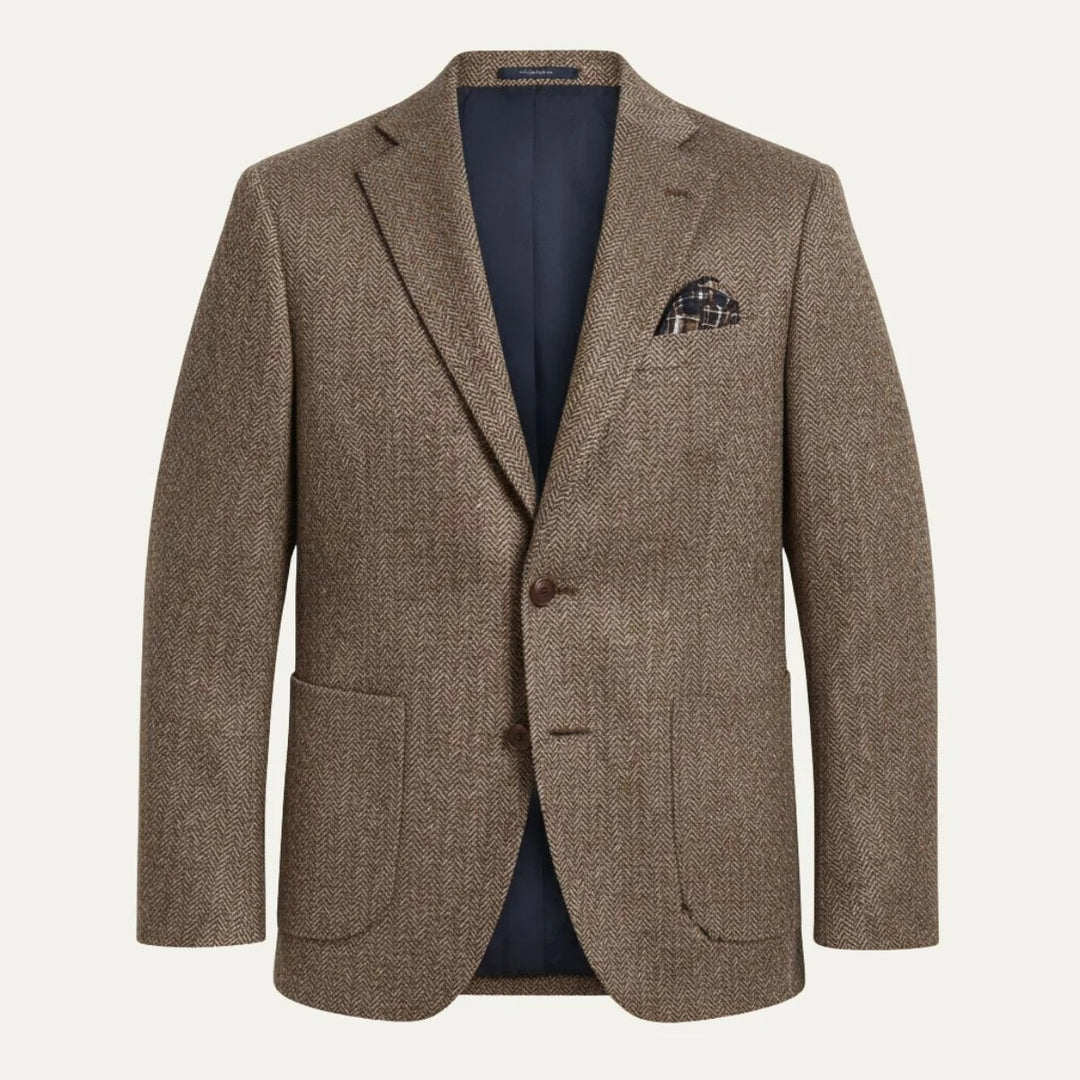 Brown single-breasted two-button suit jacket with notch lapels and large flap pockets