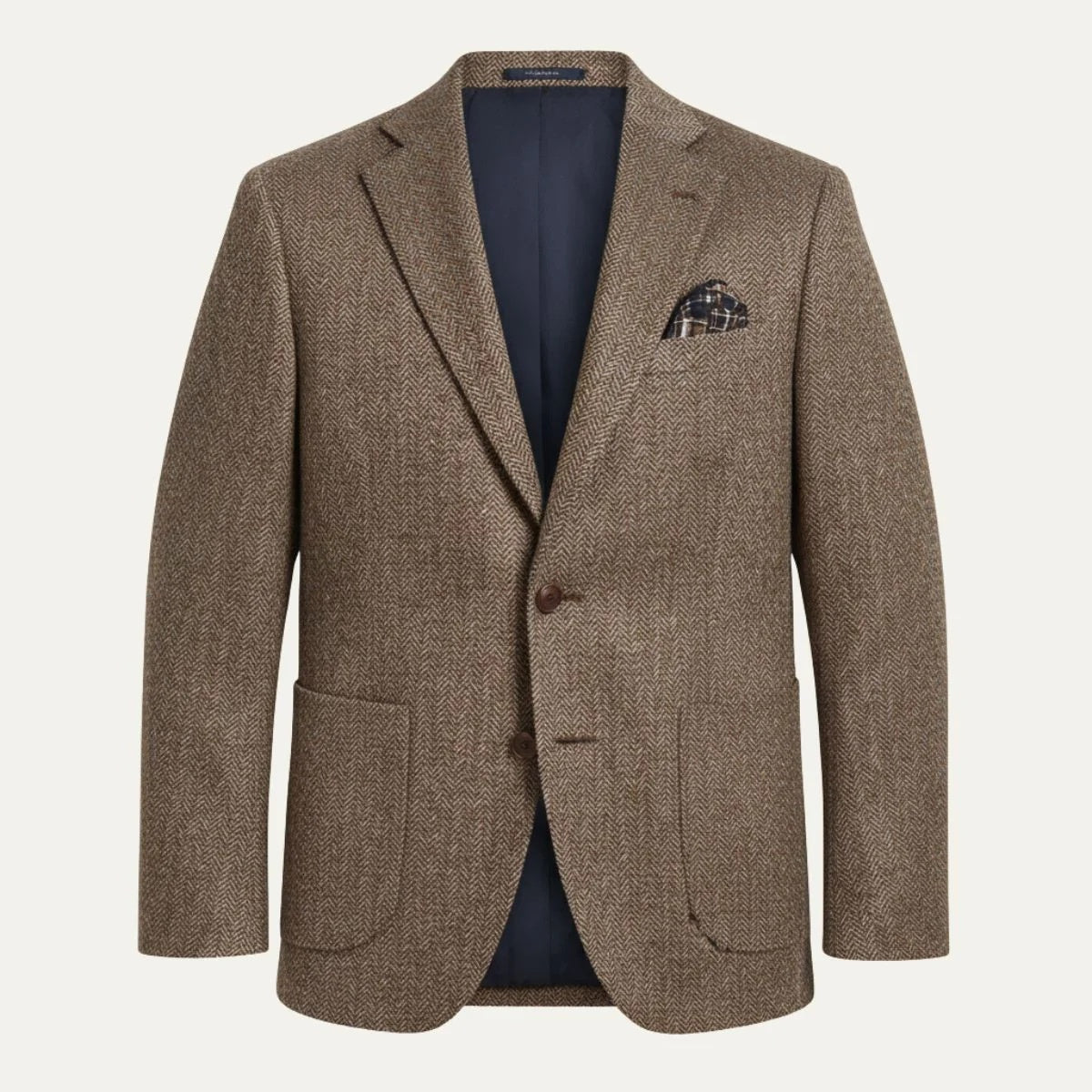 Brown single-breasted two-button suit jacket with notch lapels and large flap pockets