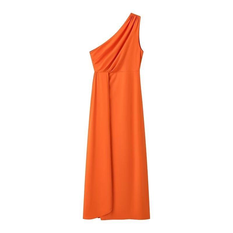 Orange one-shoulder knitted maxi dress front view.
