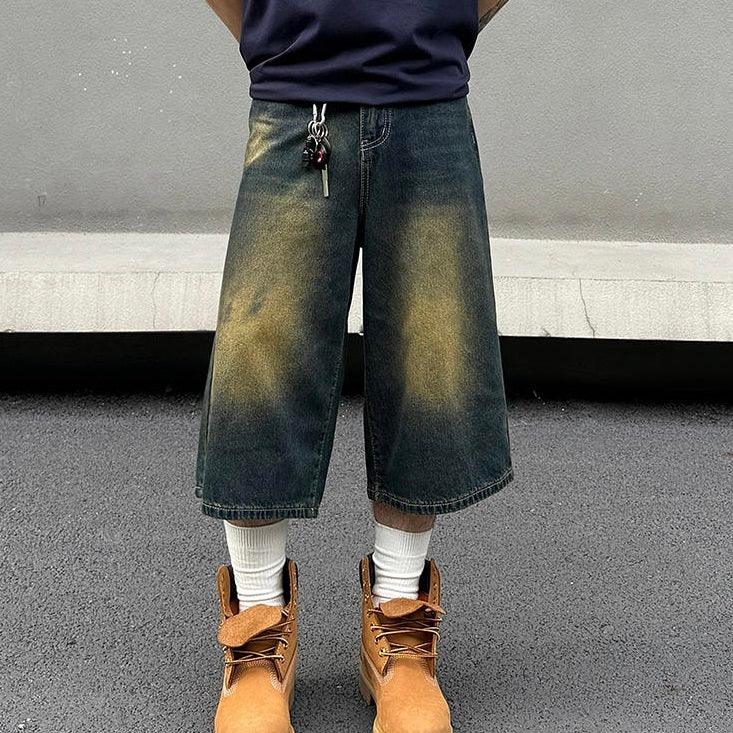 Men's Washed Distressed Cropped Jeans