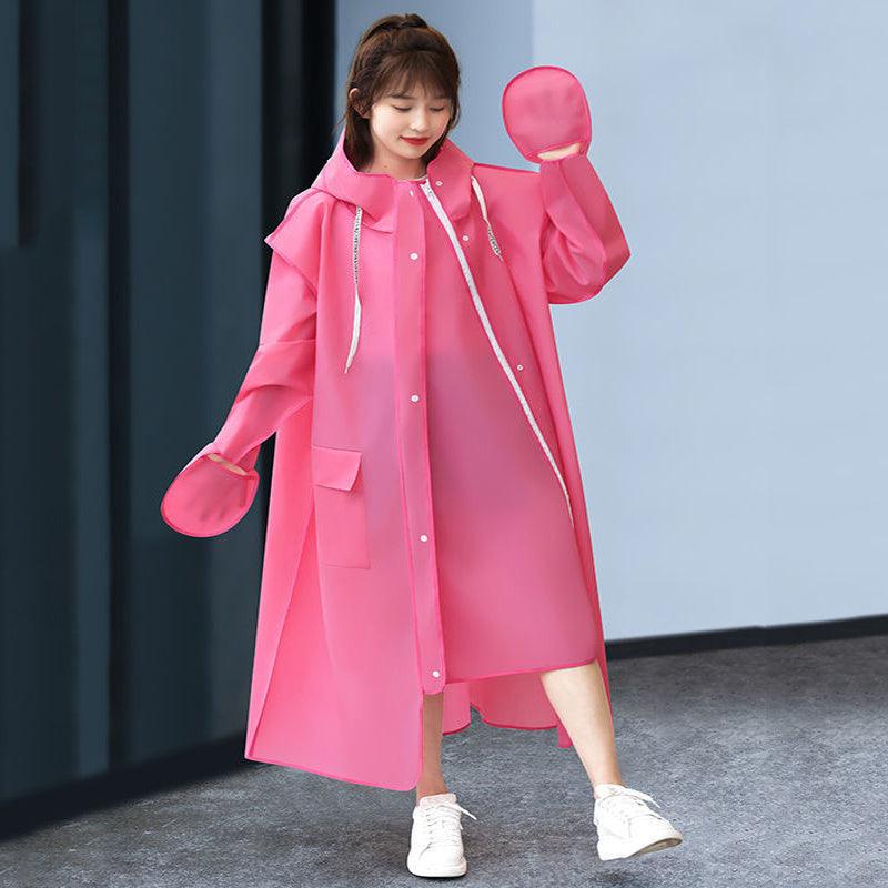 Pink long hooded raincoat with front buttons and drawstring, full sleeves