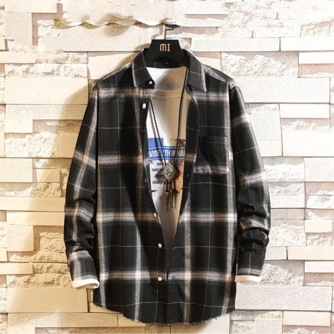 Men's black plaid button-up shirt with long sleeves and front buttons