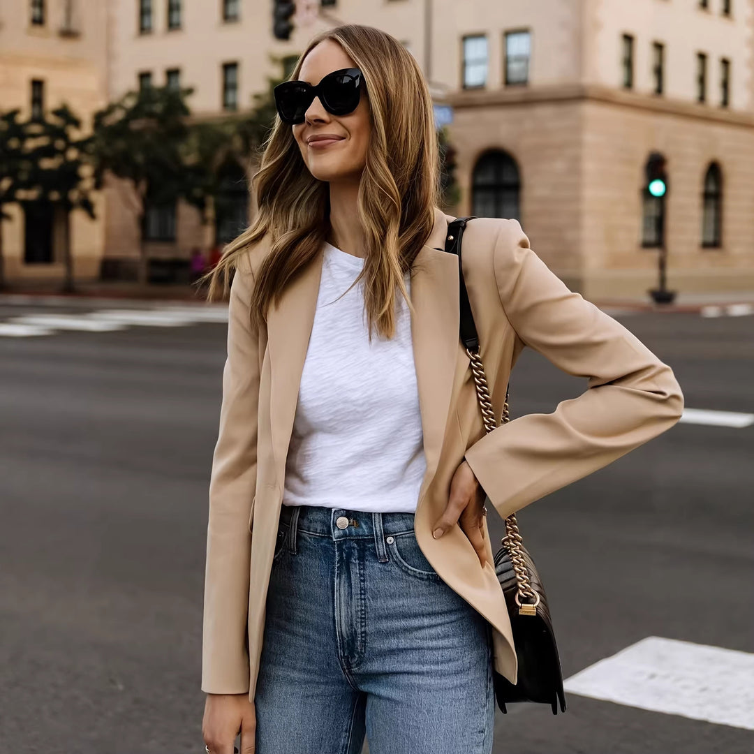 Women's khaki solid blazer with notched lapels, long sleeves, single-button front