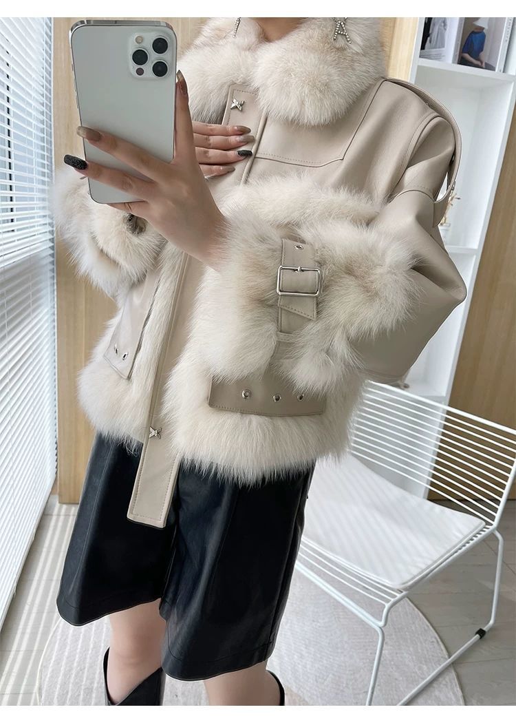 Sense Fox Fur Stitching Leather Coat - WOMONA.COM