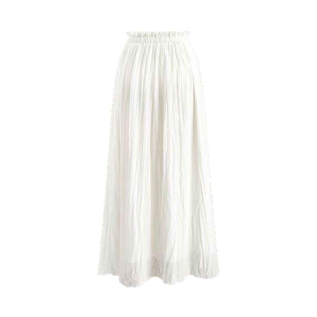 White pleated A-line skirt with elastic waistband