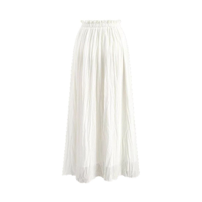 Elastic Waist A- Line Dress White Pleated Casual Skirt