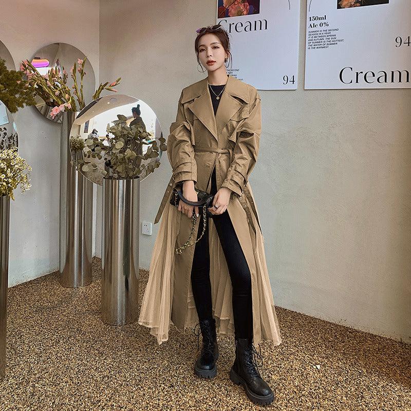 Women’s khaki mesh-trim windbreaker coat with belted waist and long sleeves