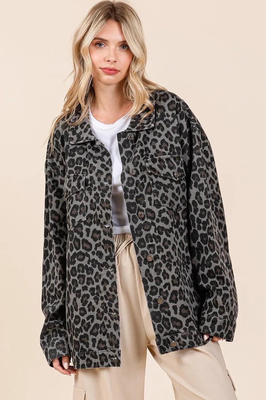Leopard print denim shacket with button front and chest pockets, long sleeves