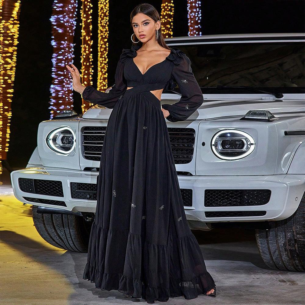Elegant Chiffon Stitching Midriff Outfit Large Swing Banquet Dress - WOMONA.COM
