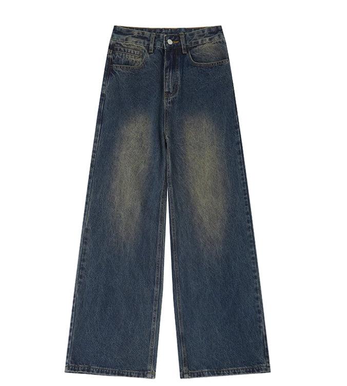 Mid blue distressed denim wide-leg jeans with button waist and front pockets