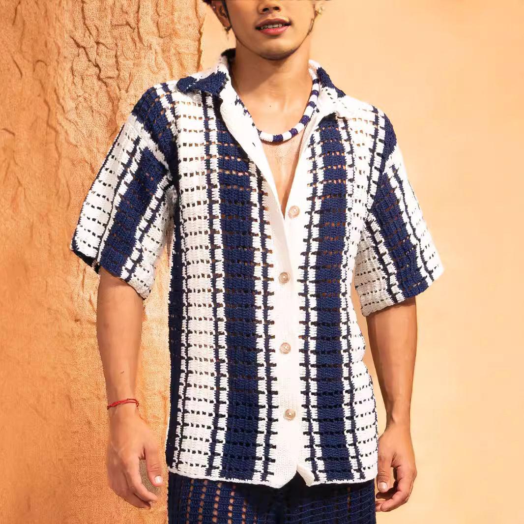 Men's Knitwear Hollow Lapel Shirt Bandage Dress Retro - WOMONA.COM