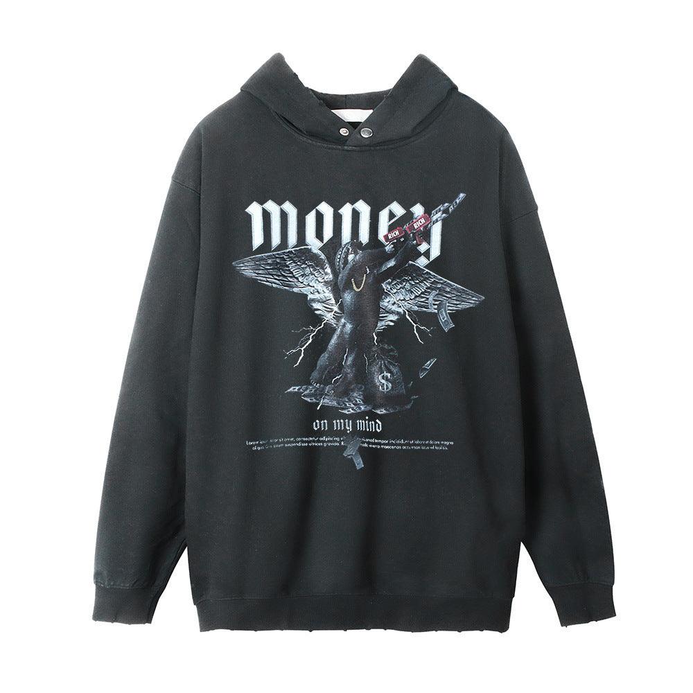 Dark Angel Print Washed And Worn Hooded Pullover - WOMONA.COM