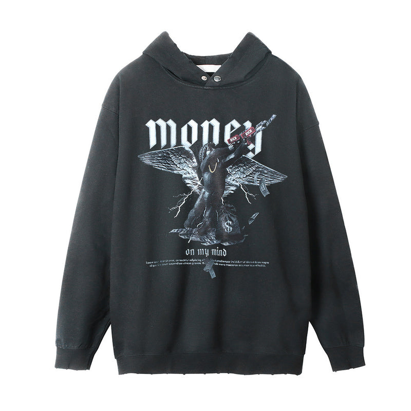 Dark Angel Print Washed And Worn Hooded Pullover