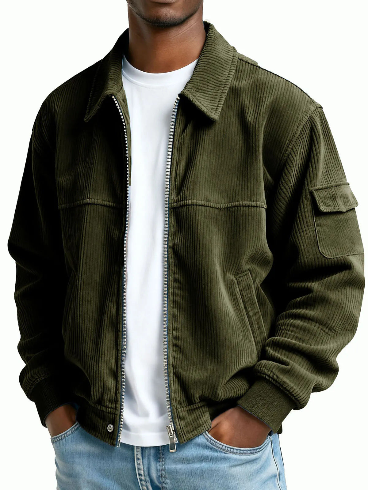 Men's Multi-Pocket Retro Corduroy Jacket, Army Green - product view 11