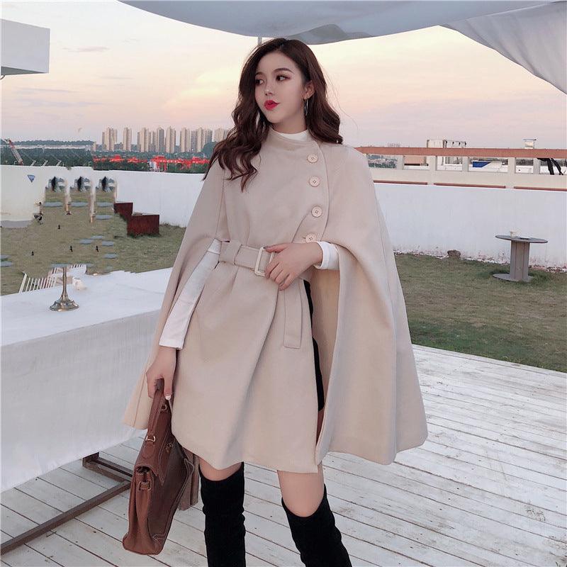 Beige woolen cloak coat with button closure and waist belt, cape shoulder drape