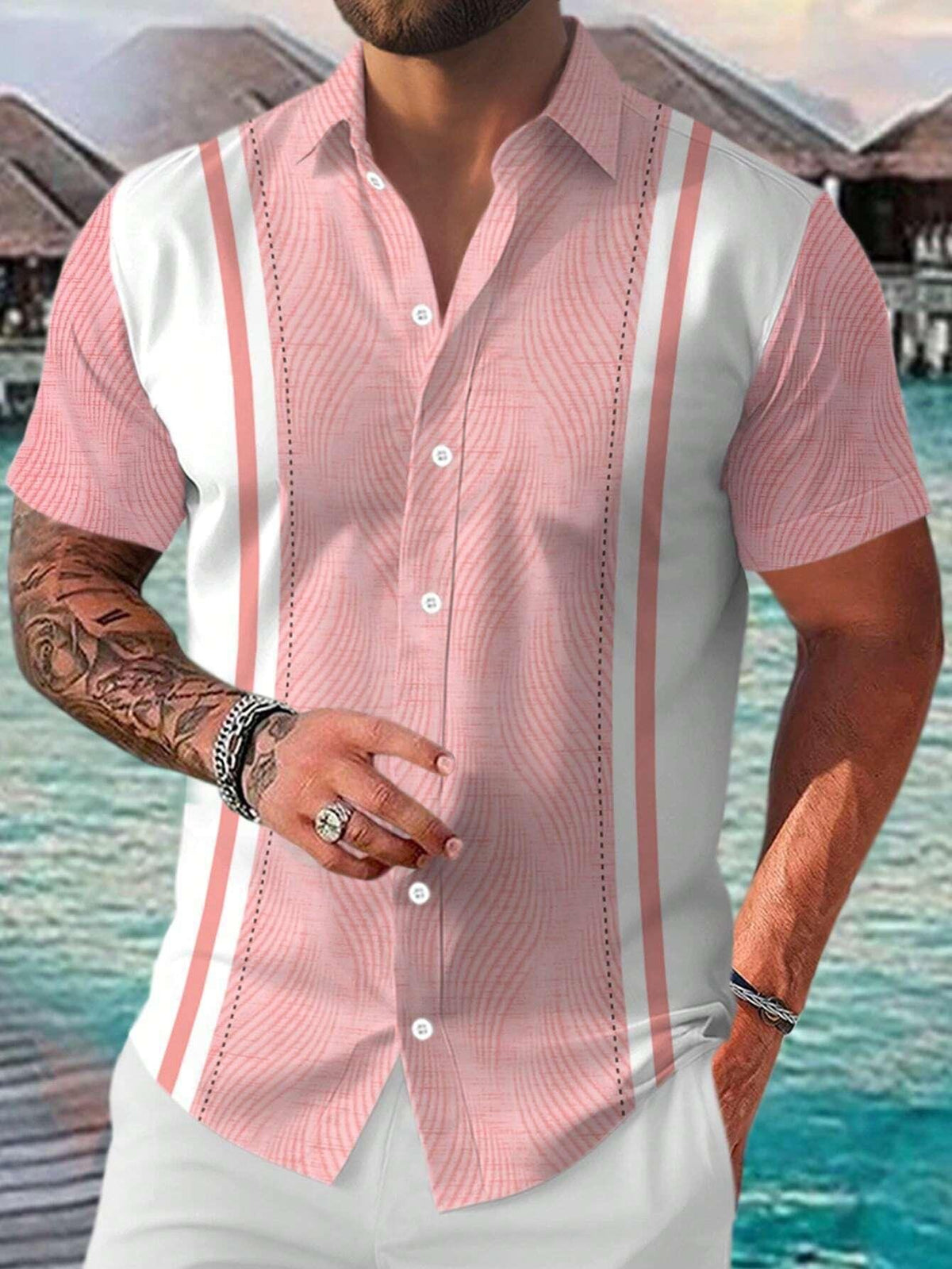 Pink short-sleeve button-up shirt featuring vertical dotted stripe panels and textured fabric.