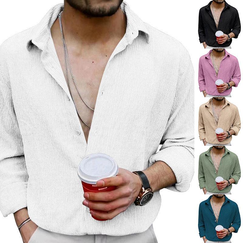 Men's wrinkle chambray cardigan shirt with lapel, white