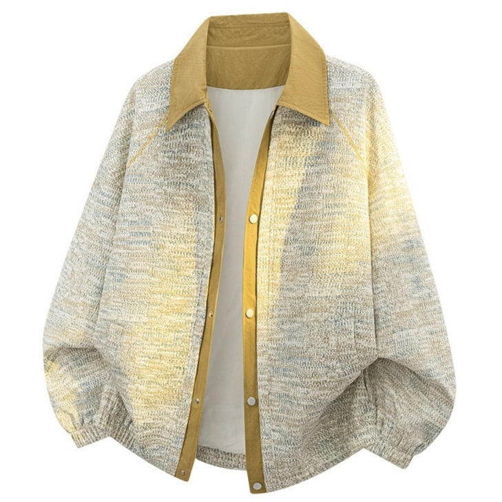 Tan and light-gray color-block hooded coat, button front, dropped shoulders